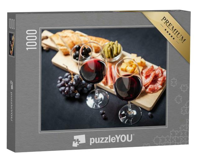 Puzzle 1000 Teile „Rotwein mit kleinen Leckereien  “