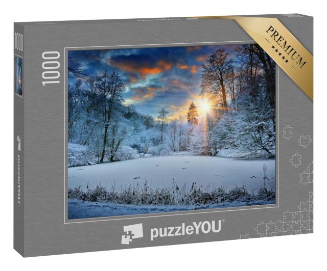 Puzzle 1000 Teile „Sonnenuntergang über dem Winterwaldsee“