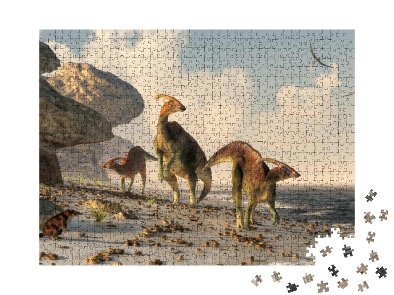 Puzzle 1000 Teile „Eine 3D-Illustration: drei Parasaurolophus“