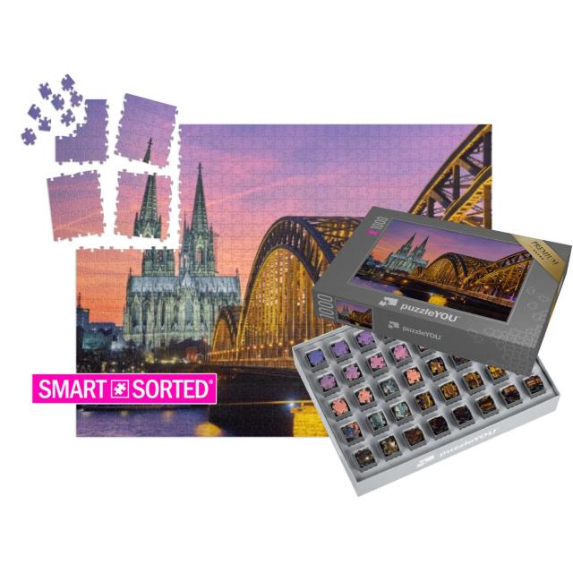 SMART SORTED® Puzzle 1000 Teile „Kölner Dom und Hohenzollernbrücke bei Sonnenuntergang“