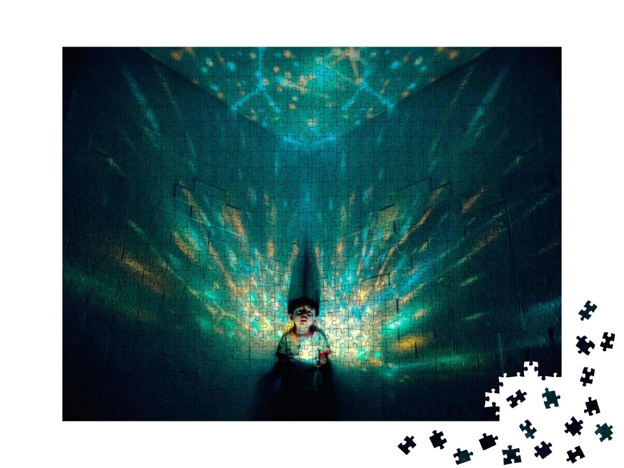 Puzzle 1000 Teile „Junge mit bezaubernder Lichtprojektion“