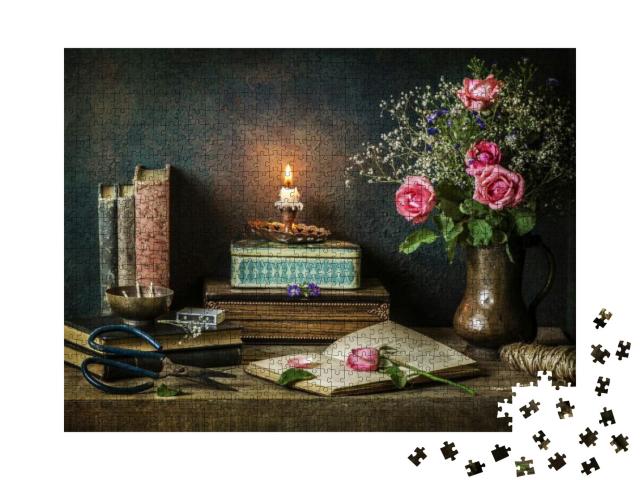 Puzzle 1000 Teile „Stillleben mit alten Büchern, Boxen und Rosen“