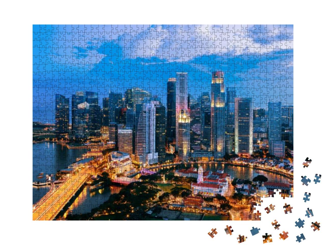 Puzzle 1000 Teile „Stadt Singapur bei Abenddämmerung: Gebäude der Marina Bay“