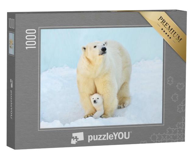 Puzzle 1000 Teile „Ein Eisbär mit einem kleinen Bärenjungen im Schnee“