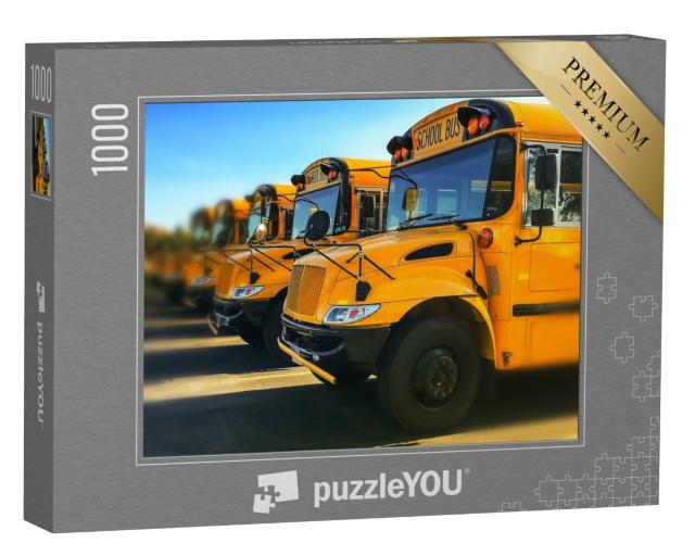 Puzzle 1000 Teile „Gelbe Schulbusse, geparkt in einer Reihe“