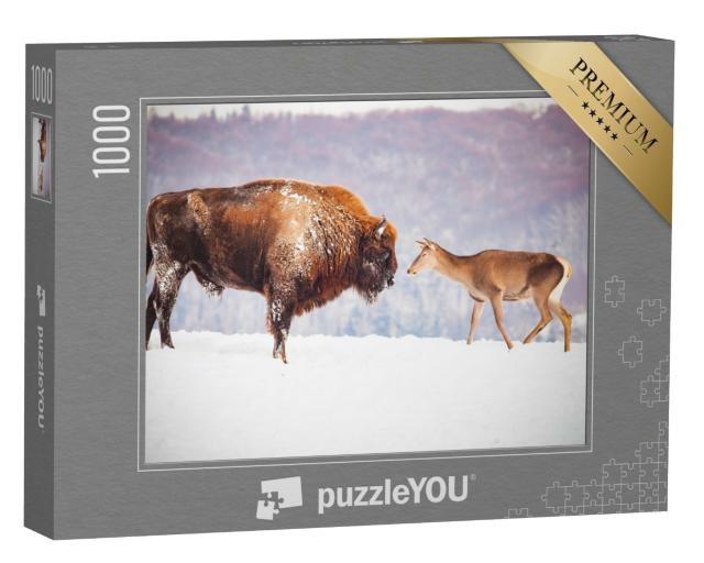 Puzzle 1000 Teile „Europäische Bisons und Hirsche im Winter“