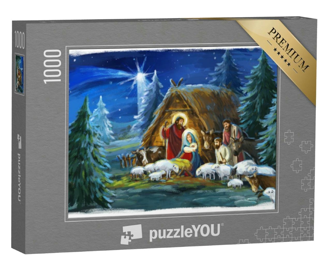 Puzzle 1000 Teile „Traditionelle Weihnachtsszene mit der heiligen Familie und Tieren“