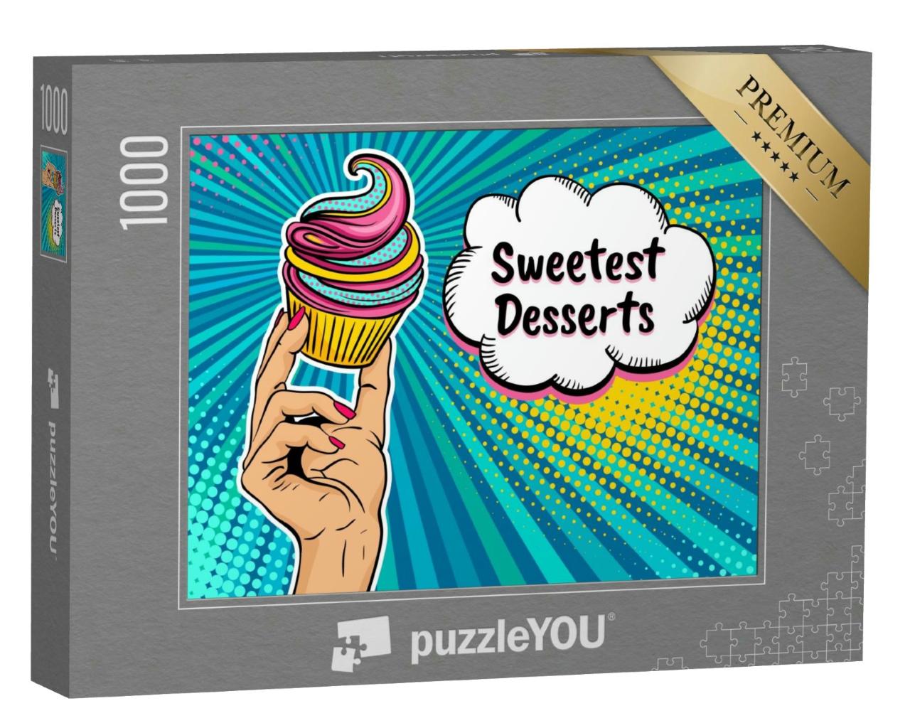 Puzzle 1000 Teile „Pop-Art-Hintergrund mit weiblicher Hand und Cupcake“