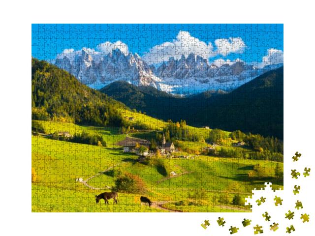 Puzzle 1000 Teile „Santa Maddalena; schöner Sonnenuntergang im Trentino, Italien“