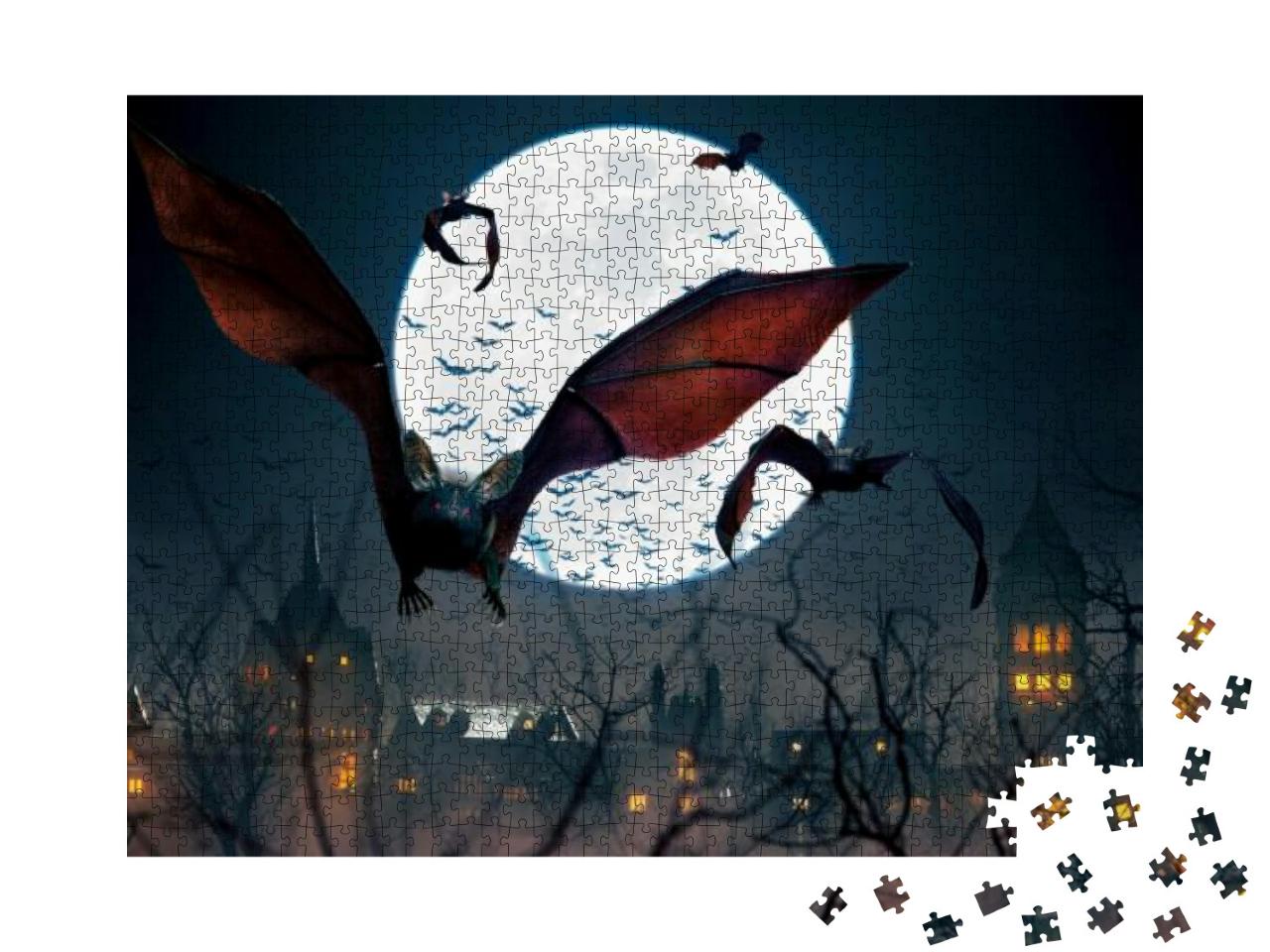 Puzzle 1000 Teile „Fliegende Fledermäuse in einer Vollmondnacht “