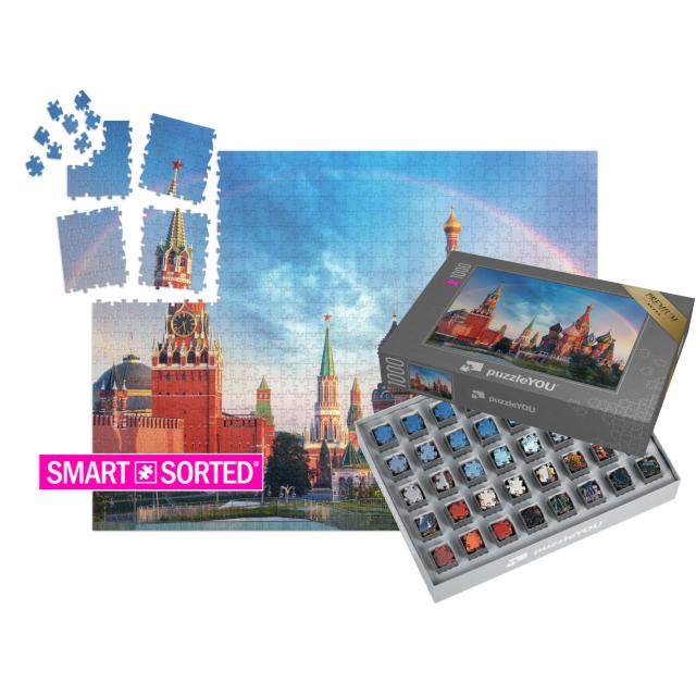 SMART SORTED® | Puzzle 1000 Teile „Panoramablick auf den Roten Platz mit Moskauer Kreml und Regenbogen“