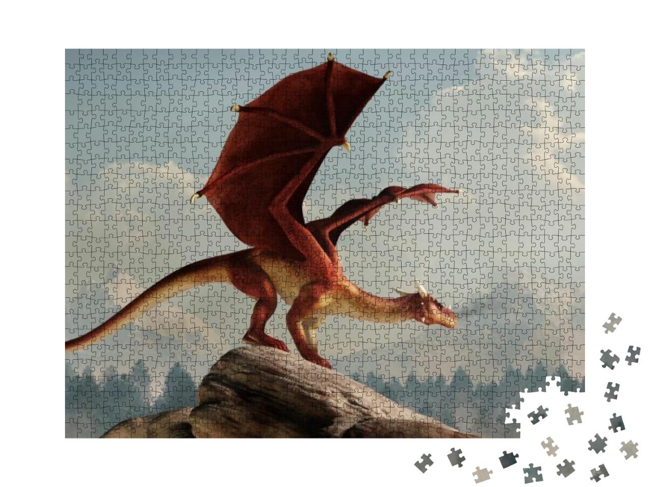 Puzzle 1000 Teile „Ein riesiger roter Drache thront auf einem steinbedeckten Hügel“