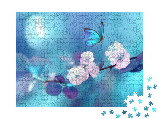 Puzzle 1000 Teile „Blauer Schmetterling im Flug über einen blühenden Aprikosenzweig“