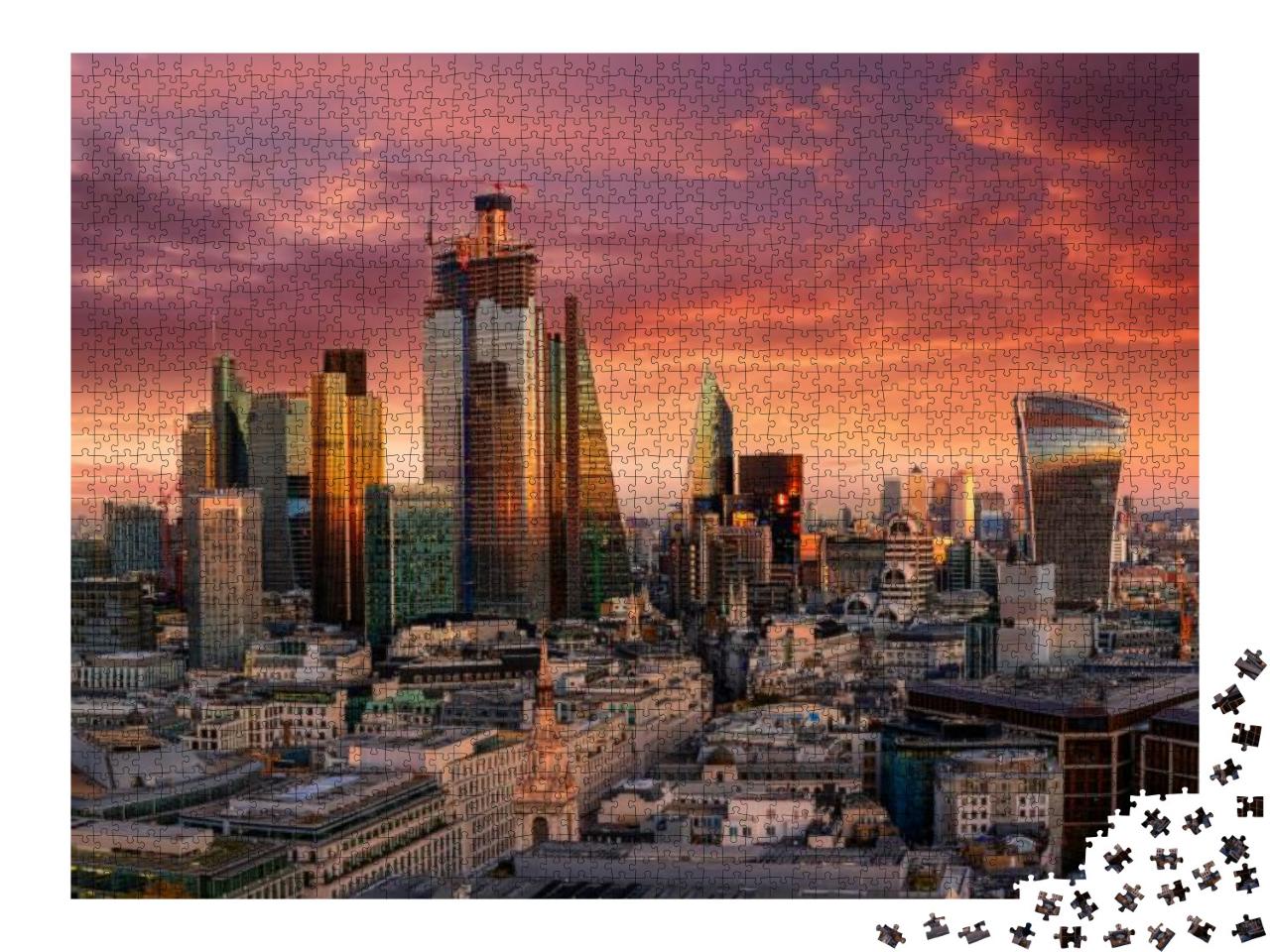 Puzzle 2000 Teile „Feuriger Sonnenuntergang über dem Finanzdistrikt von London“