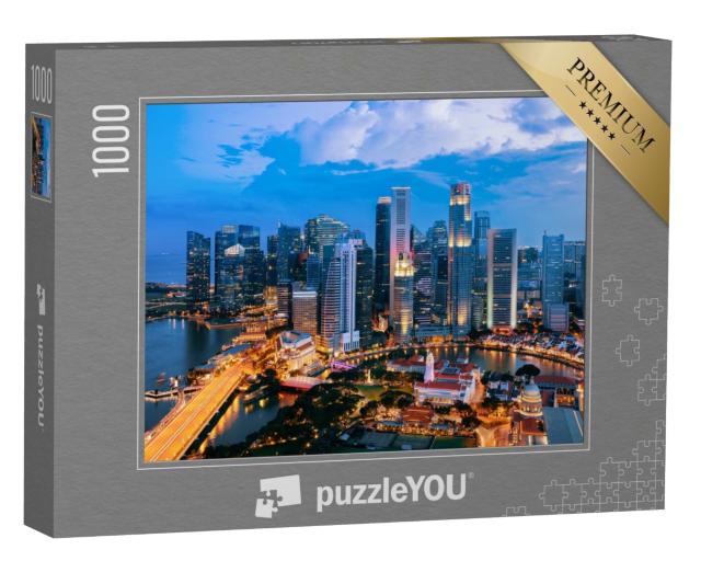 Puzzle 1000 Teile „Stadt Singapur bei Abenddämmerung: Gebäude der Marina Bay“