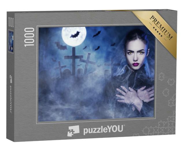 Puzzle 1000 Teile „Vampirfrau auf einem Friedhof in einer Vollmondnacht“