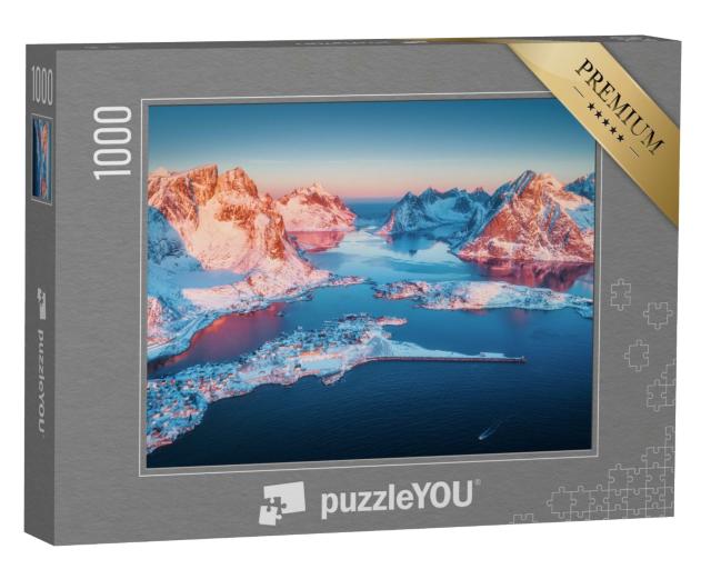 Puzzle 1000 Teile „Luftaufnahme von Reine bei Sonnenaufgang im Winter, Lofoten“