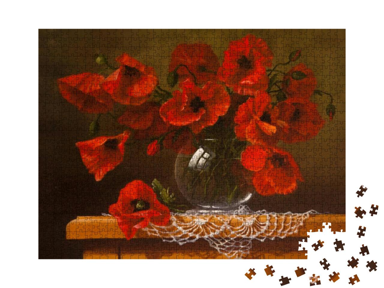 Puzzle 1000 Teile „Mohnblumen in einer Glasvase als Ölgemälde“