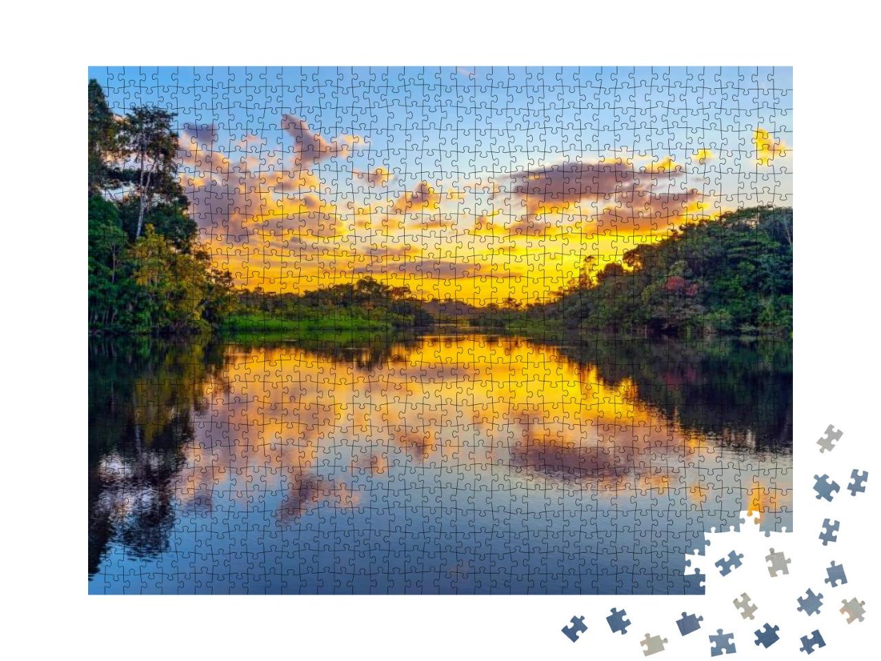 Puzzle 1000 Teile „Magischer Sonnenuntergang: Farbenspiel im Regenwald des Amazonas“