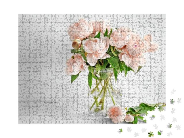 Puzzle 1000 Teile „Vase mit Pfingstrosenblüten auf dem Tisch“