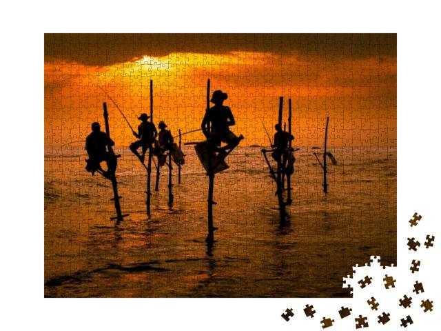 Puzzle 1000 Teile „Traditionelle Fischer im Sonnenuntergang, Sri Lanka“