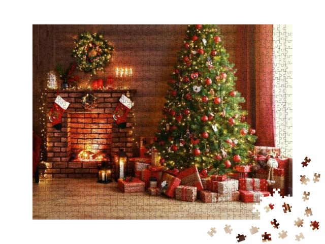 Puzzle 1000 Teile „Weihnachtszauber: leuchtender Baum, warmes Kaminfeuer und Geschenke“