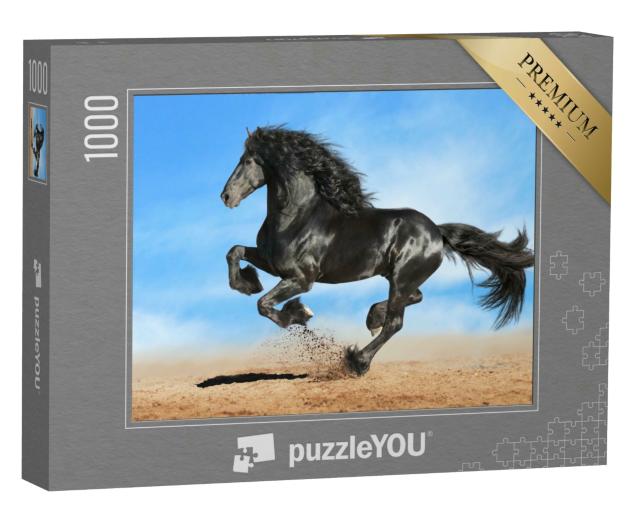 Puzzle 1000 Teile „Schwarzes Friesenpferd im kraftvollen Galopp“