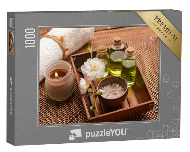 Puzzle 1000 Teile „Matte mit Massageöl, Kerze, Kirsche, Handtuch“