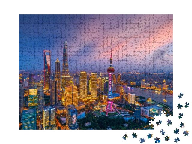 Puzzle 1000 Teile „Skyline von Shanghai bei Nacht, China“