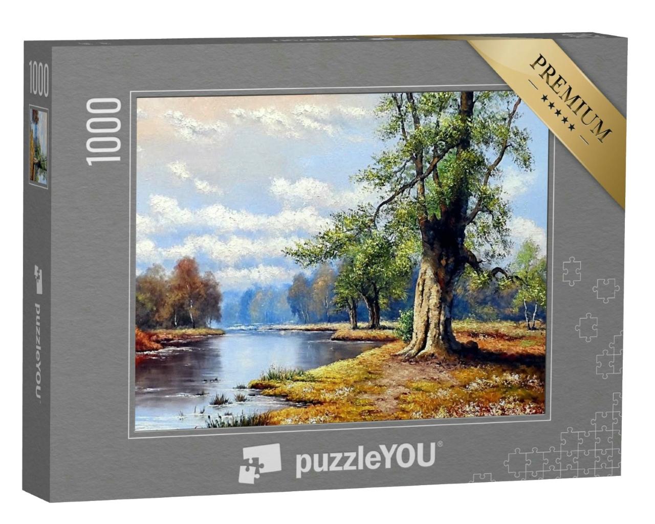 Puzzle 1000 Teile „Ölgemälde: Wunderschöne Landschaft am Fluss“