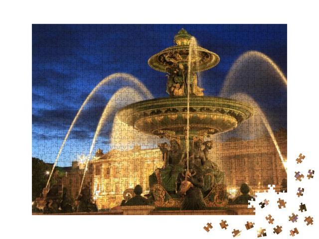 Puzzle 1000 Teile „Springbrunnen auf dem Place de la Concorde am Abend, Paris, Frankreich“