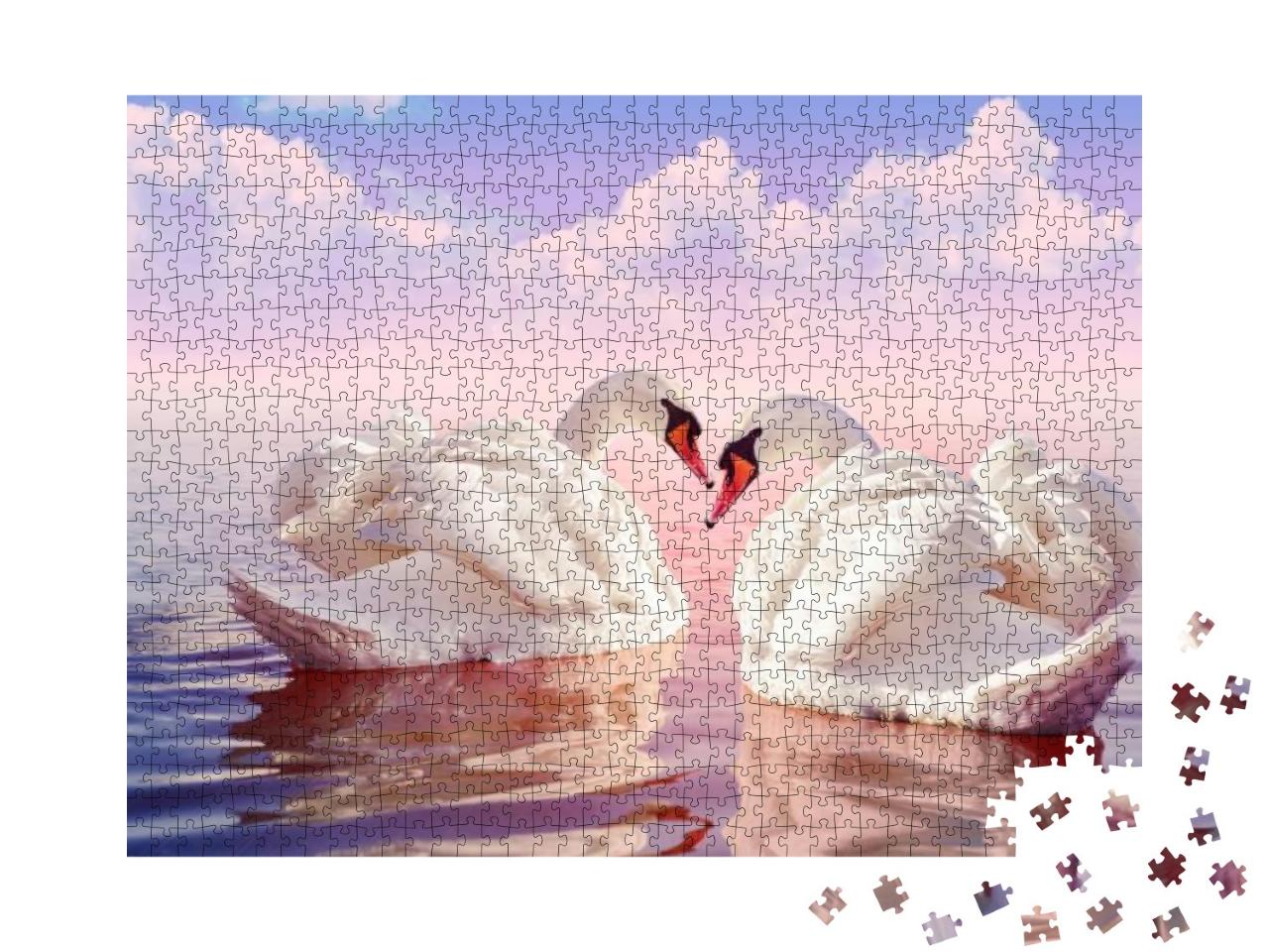 Puzzle 1000 Teile „Zwei wunderschöne weiße Schwäne im zartrosa Sonnenaufgang“