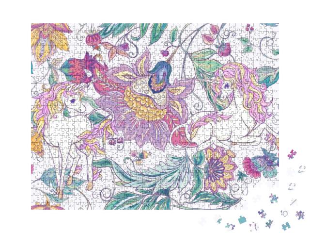 Puzzle 1000 Teile „Illustration: Einhörner und Blumen im Vintage-Style “