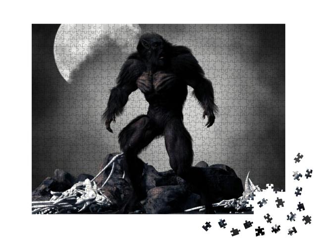 Puzzle 1000 Teile „Düsterer Werwolf, umgeben von Skeletten“
