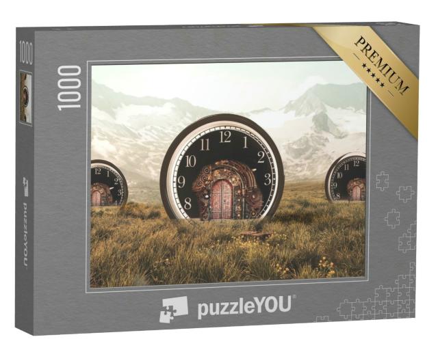 Puzzle 1000 Teile „Drei Uhren als Häuser mit Türen im Steampunk-Stil vor einem Gebirge“