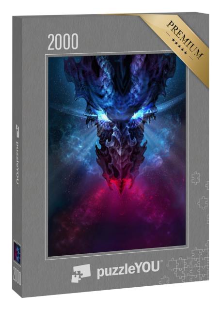 Puzzle 2000 Teile „Fantasy: Feuerdrache mit blau leuchtenden Augen“