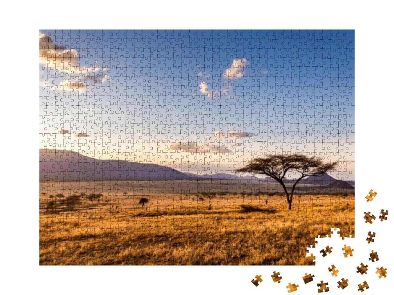 Puzzle 1000 Teile „Sonnenuntergang über den Savannenebenen des Tsavo East National Park, Kenia“
