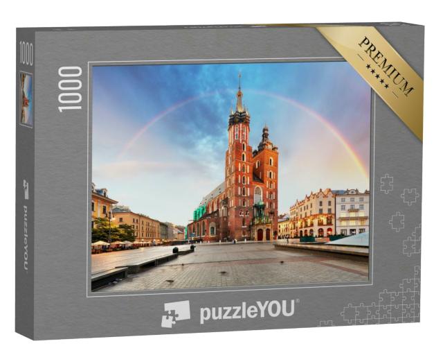 Puzzle 1000 Teile „Marienbasilika auf dem Hauptplatz von Krakau mit Regenbogen“