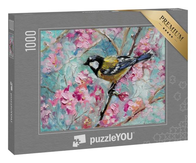 Puzzle 1000 Teile „Ölgemälde: Kohlmeise im blühenden Kirschgarten“