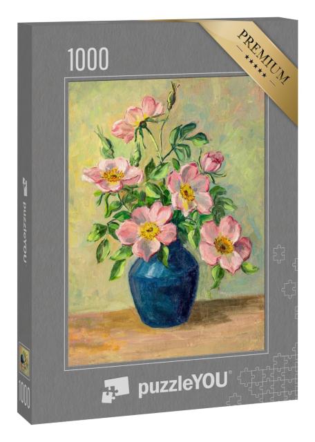 Puzzle 1000 Teile „Vintage-Ölgemälde mit Blumen in einer blauen Vase“