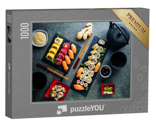 Puzzle 1000 Teile „Maki und Inside-Outside-Rollen mit Thunfisch, Lachs, Garnelen und Avocado“