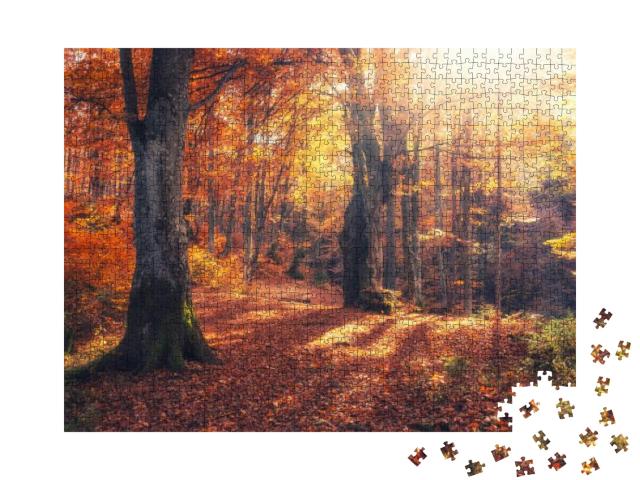 Puzzle 1000 Teile „Ein Herbstmorgen im bunten Wald mit Sonnenstrahlen“