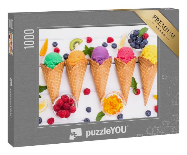 Puzzle 1000 Teile „Verschiedene hausgemachte Fruchteiscreme in der Waffel“