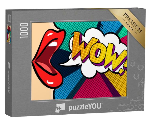 Puzzle 1000 Teile „Offener Mund und WOW-Botschaft, Pop-Art-Stil“